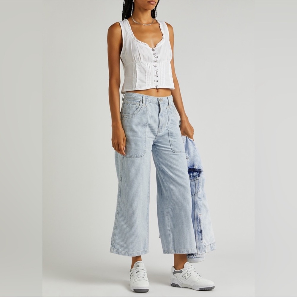 Free People Piper Striped Print Mid Rise Cropped Wide Leg Jeans